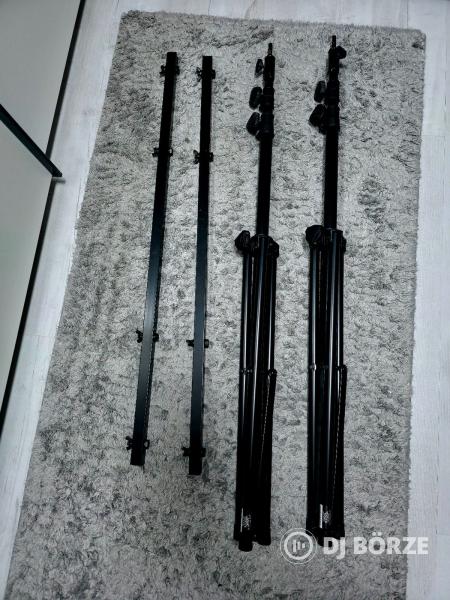 Laptop, kivetítő, keverő, hangfal, fény és szintetizátor állványok